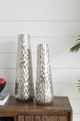 Tall aluminium vase with diamond texture, perfect for long-stemmed flowers and modern home décor.