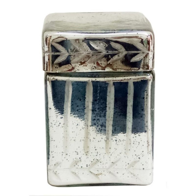 Elegant square glass trinket box with removable lid, metallic finish, and etched vine design for stylish storage and decor.