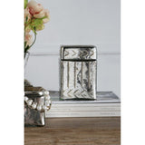 Elegant square glass trinket box with a removable lid, shiny metallic finish, and etched vine design for stylish storage.