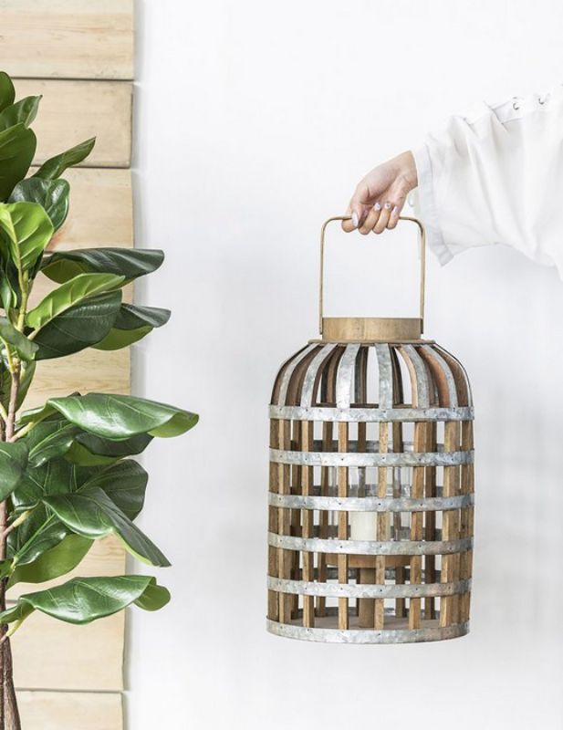 Large Shanghai Lantern featuring a blend of metal, bamboo, and glass, perfect for indoor/outdoor candlelight ambiance.