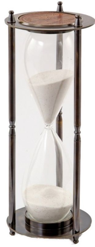 Elegant brass sandtimer by Rembrandt, 27cm tall, featuring clear glass and fine sand, perfect for decor and timekeeping.