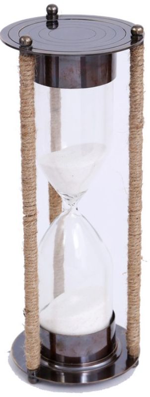 Elegant 27.5cm brass and rope sand timer, perfect for home or office decor, blending vintage charm with modern utility.