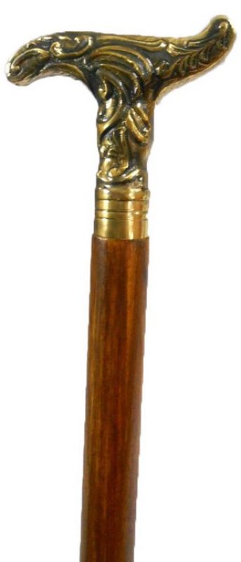 Elegant wooden walking stick with ornate brass handle, perfect as a decorative home accessory or unique gift.