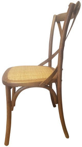 Antique oak cross back dining chair with rattan seat, 89cm tall, perfect for elegant dining spaces.