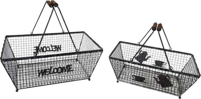 Antique grey metal storage baskets and serving trays set of 2, perfect for stylish organization and rustic decor in any space.