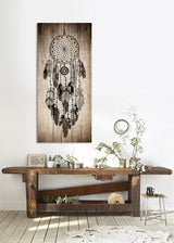 Wood panel art featuring a tribal dream catcher design, made of pine, perfect for enhancing any room's decor.