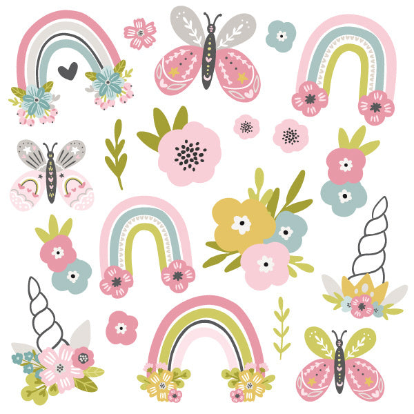 Vibrant Rainbows Decals for kids' rooms, made from eco-friendly fabric, easy to apply, repositionable, and durable.