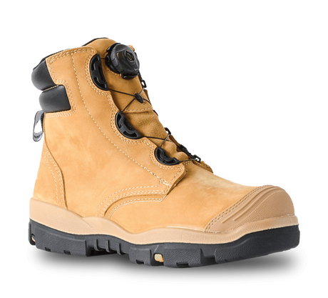 Wheat nubuck safety boots with BOA lacing, steel toecap, D30 shock protection, and comfortable TPU/PU sole for workers.