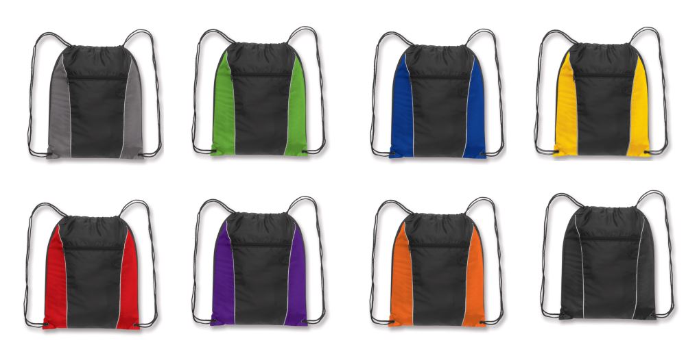 Set of 5 durable drawstring backpacks with zip pockets, available in various vibrant colors for sports and daily use.