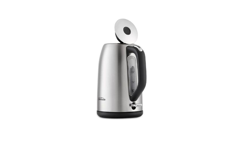 Brushed stainless steel kettle with 1.7L capacity, fast 2400W boil, and easy one-handed lid release for convenient use.