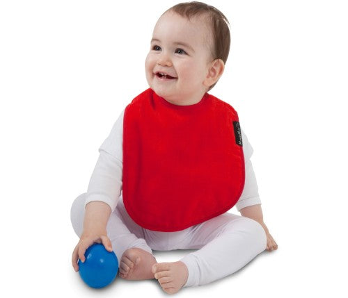 Bright red Standard Wonder Bib, 100% cotton with super-absorbent towelling, perfect for keeping infants clean during mealtime.