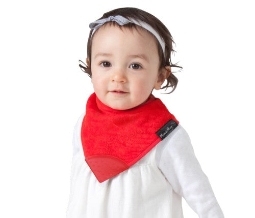 Teal teething bandana bib with silicone teether, designed for drooling infants and stylish comfort, BPA free.