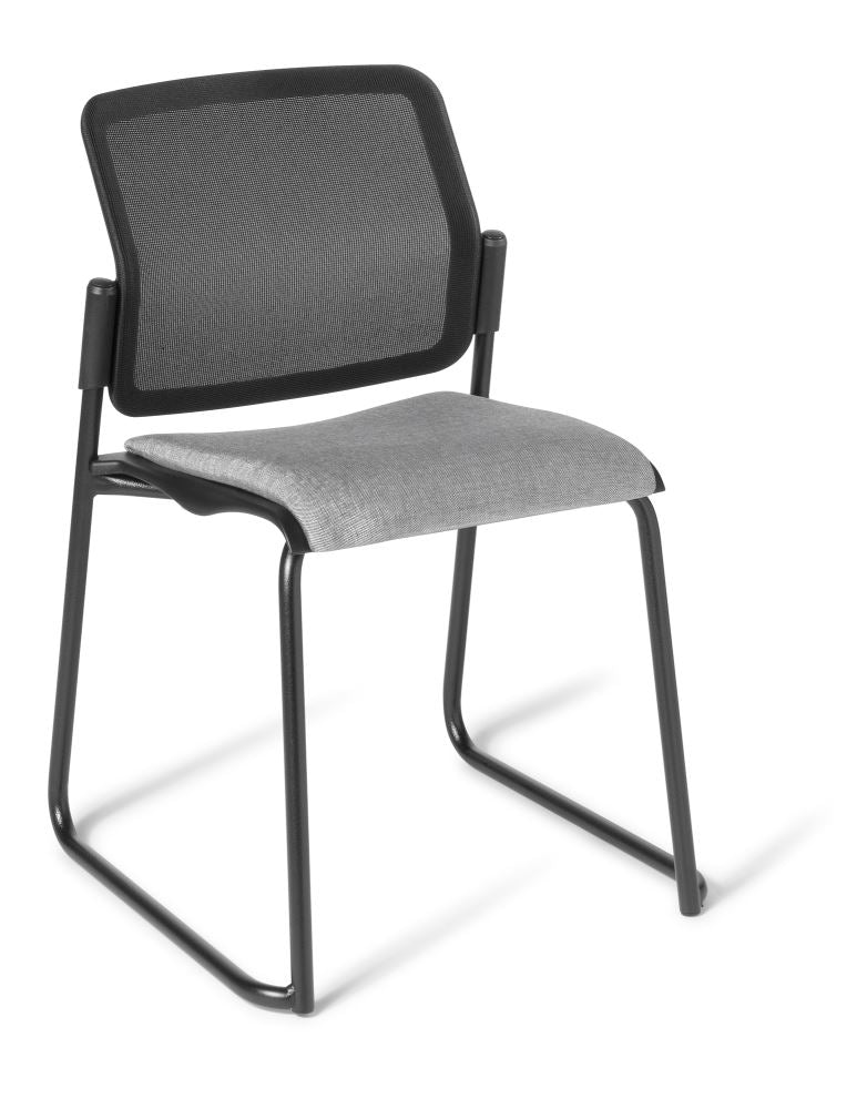 Black meeting chair with chrome sled frame, lumbar support, and plush padding, stackable for easy storage and versatile use.