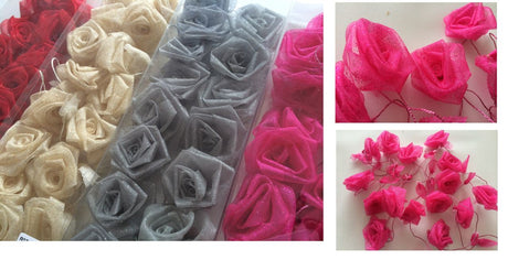 Hot pink organza rose garland strand, 3m long with 15 pairs of roses and leaves on a flexible ivory cord, perfect for decor.
