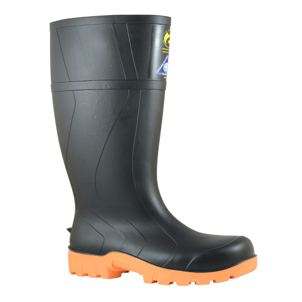 Bata Rigger Black PVC 300mm Safety Boot size 8, featuring steel toe, waterproof design, and oil-resistant outsole for rugged protection.