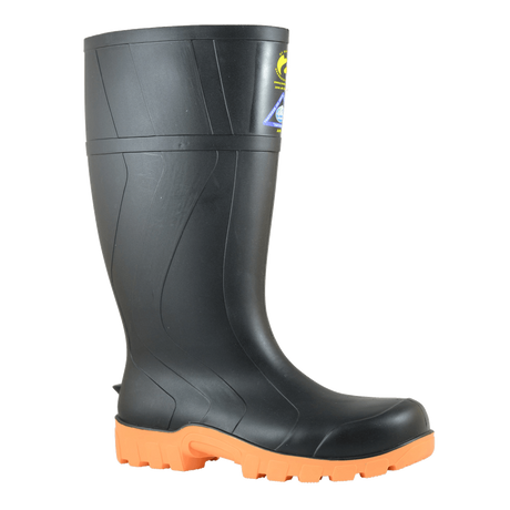 Bata Rigger Black PVC 300mm Safety Boot Size 5, featuring steel toe, waterproof design, and superior outdoor grip.