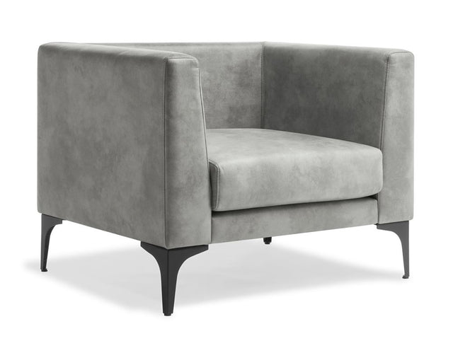 Contemporary Romano Armchair in Eastwood Dove with high-comfort cushioning and sleek black feet, perfect for modern spaces.