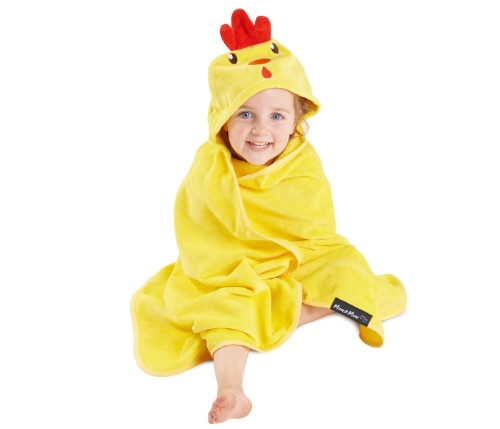 Soft yellow rooster-themed kiddie towel made from 100% cotton, perfect for toddlers after bath, swim, or beach fun.
