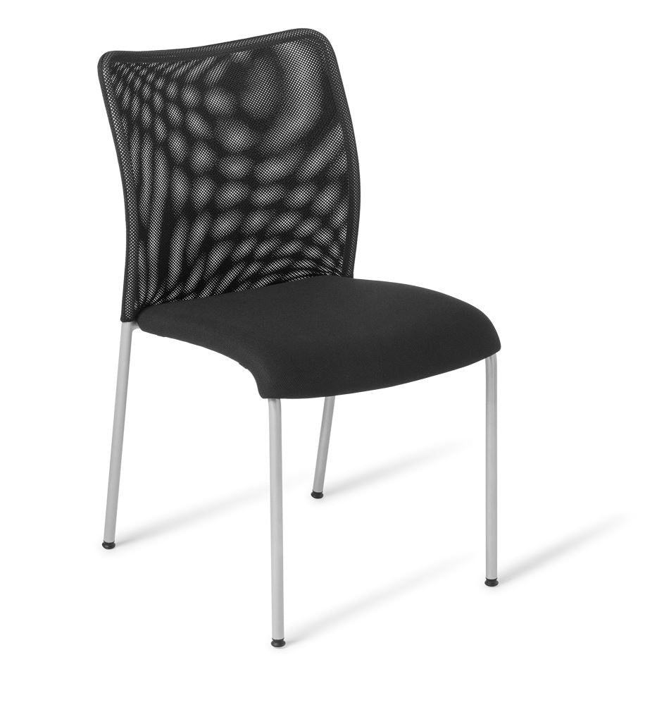 Sleek black ergonomic chair with mesh backrest and padded seat, ideal for modern offices and stackable for storage.
