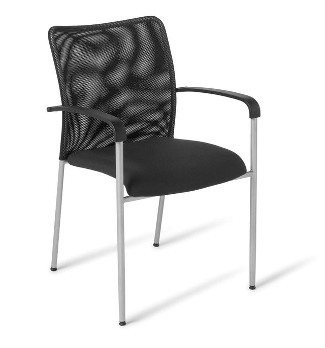 Stylish black mesh office chair with supportive arms, upholstered seat, stackable design, and durable silver frame.