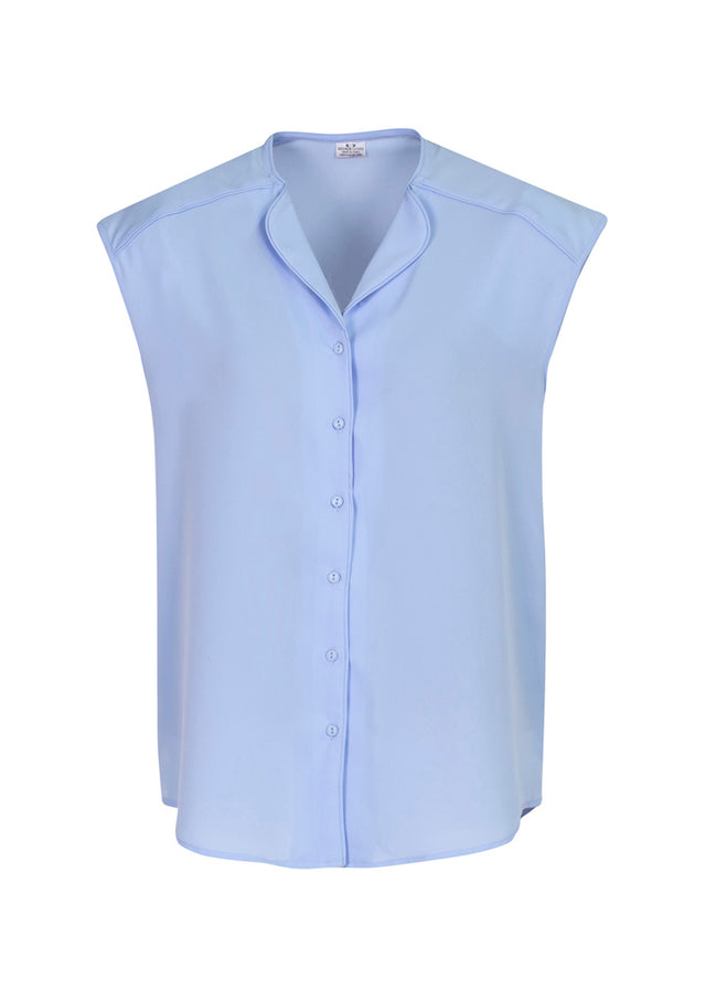 Ice Blue Lily Ladies Blouse, size 14, featuring a soft lapel and loose fit, perfect for stylish workwear in warmer climates.