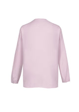 Amethyst hi-lo blouse with petal-shaped lapel, no button pop-over, and extended back tail for a chic, professional look.