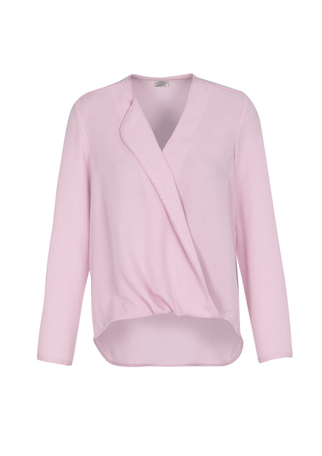 Amethyst hi-lo blouse for women, size 12, featuring soft lapel, crossover front, and extended back for chic comfort.