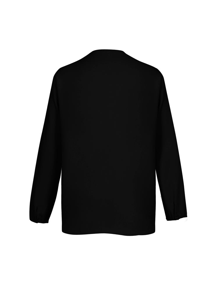 Black Lily Ladies Hi-Lo Blouse featuring a soft lapel, loose fit, and extended back, perfect for professional or casual wear.
