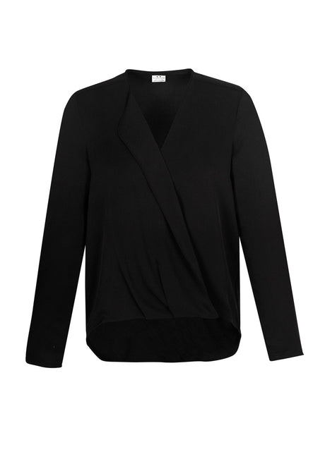 Lily Ladies Hi-Lo Blouse in Black, featuring a soft lapel and loose fit, perfect for professional and casual wear.