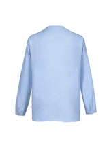 Lily Ladies Hi-Lo Blouse in Ice Blue with petal-shaped lapel, loose fit, and stylish no-button design for elegant casual wear.