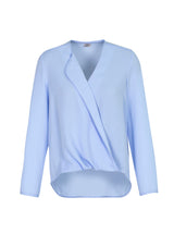Lily Ladies Hi-Lo Blouse in Ice Blue, featuring a petal-shaped lapel, loose fit, and extended back tail for stylish comfort.