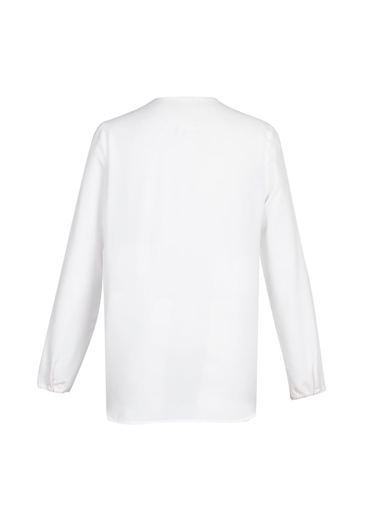 Lily Ladies Hi-Lo Blouse in white, size 14, features a petal-shaped lapel and loose fit, ideal for modern professional women.