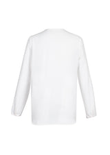 Lily Ladies Hi-Lo Blouse in white, size 14, features a petal-shaped lapel and loose fit, ideal for modern professional women.