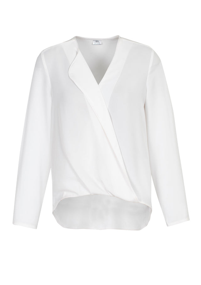 Lily Ladies Hi-Lo Blouse in white, size 14, featuring a petal-shaped lapel and loose-fitting silhouette for professional elegance.