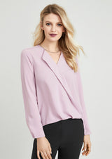 Lily Ladies Hi-Lo Blouse in white, featuring a petal-shaped lapel and loose fit, perfect for stylish work attire.