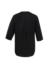 Elegant black longline blouse for women, featuring soft lapel and flowy design, ideal for professional wear and comfort.