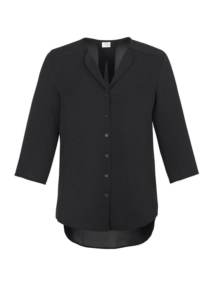 Elegant black longline blouse for women, size 8, featuring soft lapel, inverted pleat, and relaxed fit for professional wear.