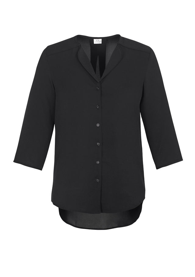 Elegant black longline blouse with soft lapel, loose fit, and inverted back pleat by Biz Collection, perfect for any occasion.