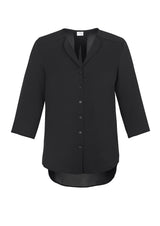 Elegant black longline blouse for women in size 18, featuring a soft lapel and loose fit for professional and casual wear.