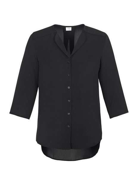 Elegant black longline blouse for women in size 18, featuring a soft lapel and loose fit for professional and casual wear.