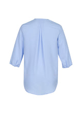 Ice Blue longline blouse for women, size 22, featuring a petal lapel and inverted pleat for style and comfort in a professional setting.