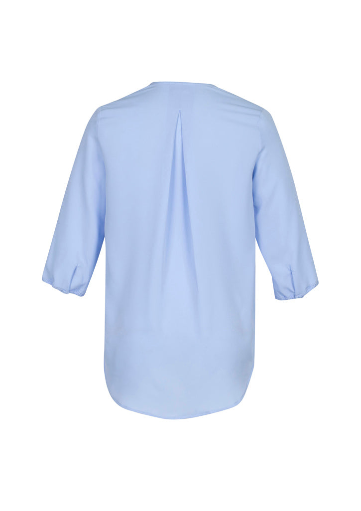 Ice Blue longline blouse for ladies size 18, featuring a petal lapel and loose fit for elegant and comfortable professional wear.