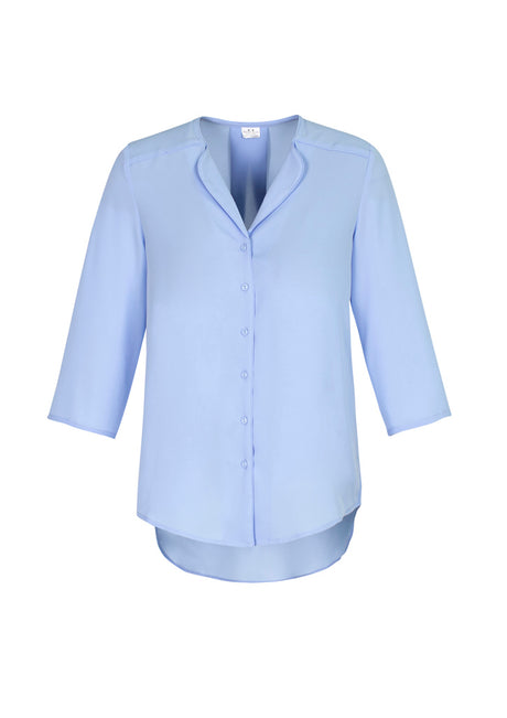 Ice blue longline blouse for women, size 16, featuring a petal-shaped lapel and relaxed fit for stylish comfort.