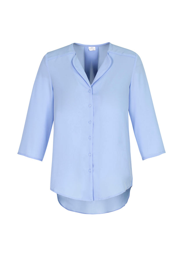 Lily Ladies Longline Blouse in Ice Blue, size 12, featuring a soft lapel, relaxed fit, and elegant design for professional wear.