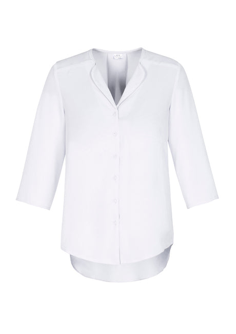Women's longline white blouse featuring a petal-shaped lapel, loose fit, and elegant design for versatile workwear.