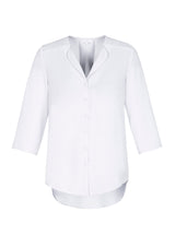 Lily Ladies Longline Blouse in white, size 14, featuring a soft lapel, loose fit, and easy-care polyester for professional wear.
