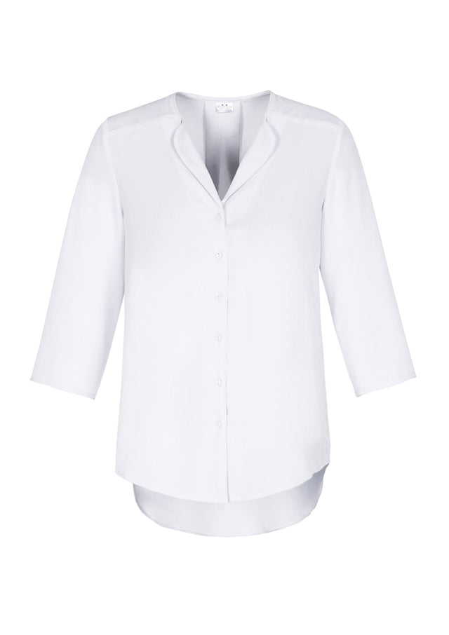 Lily Ladies Longline Blouse in white, size 14, featuring a soft lapel, loose fit, and easy-care polyester for professional wear.