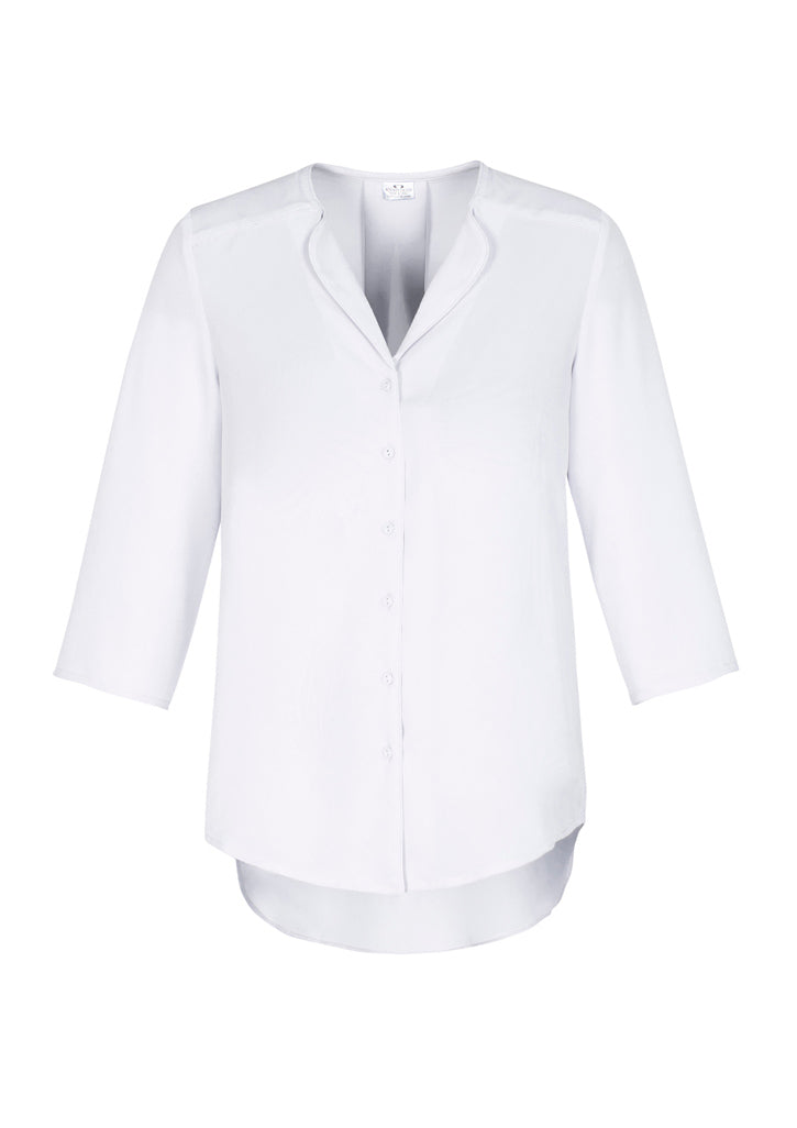 White longline blouse for women, featuring a soft lapel and loose silhouette, crafted from easy-care Mechanical Stretch Polyester.