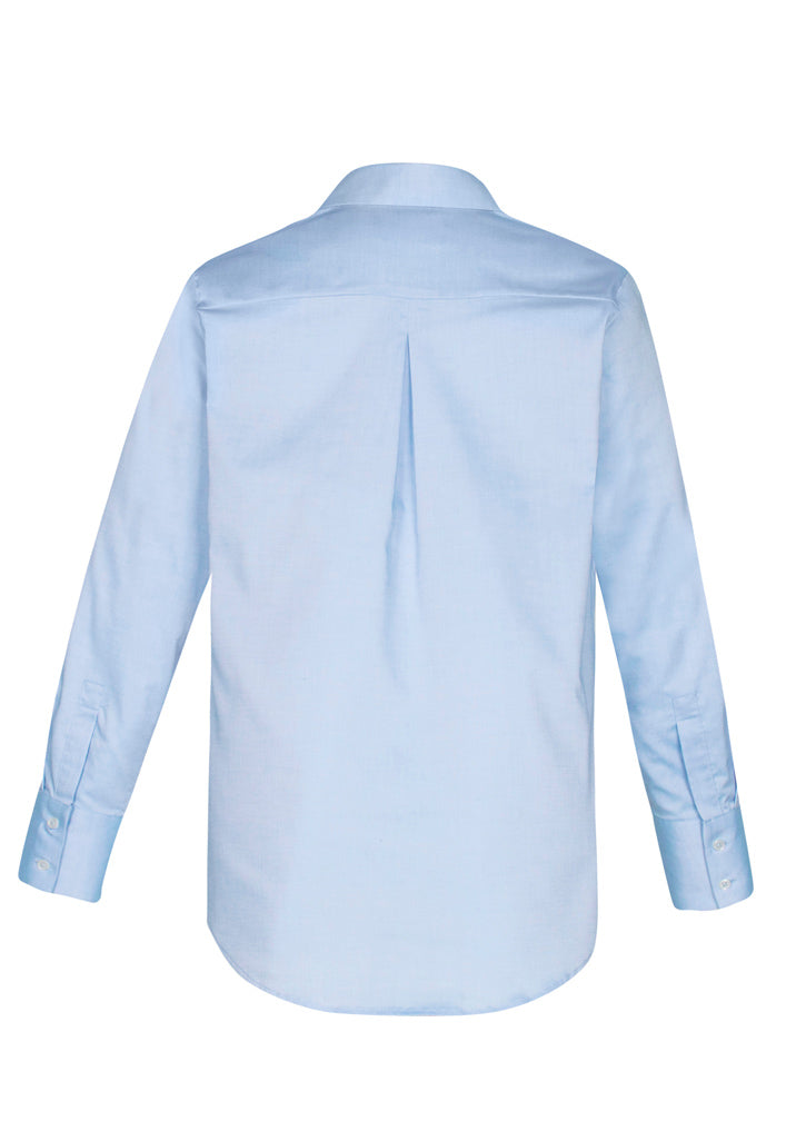 Vibrant blue Camden Ladies Long Sleeve Shirt, size 10, featuring a scooped hem and easy-care stretch fabric for comfort.