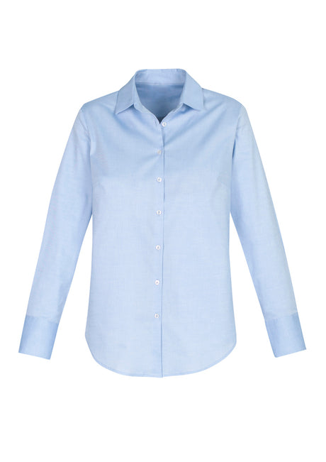 Camden Ladies Long Sleeve Shirt in blue, size 22, featuring easy fit, scooped hem, and stretch cotton blend for comfort.